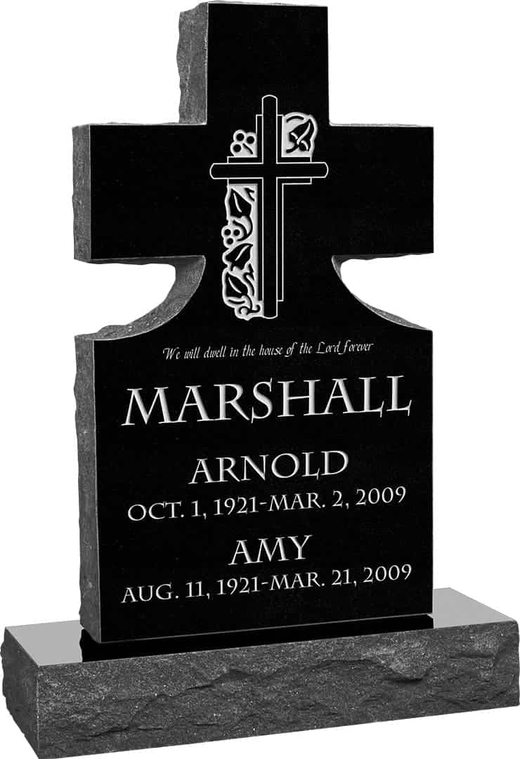 Carved Cross and Praying Hands Upright Headstone polished all